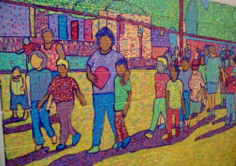 Colorful mural with parents and children 